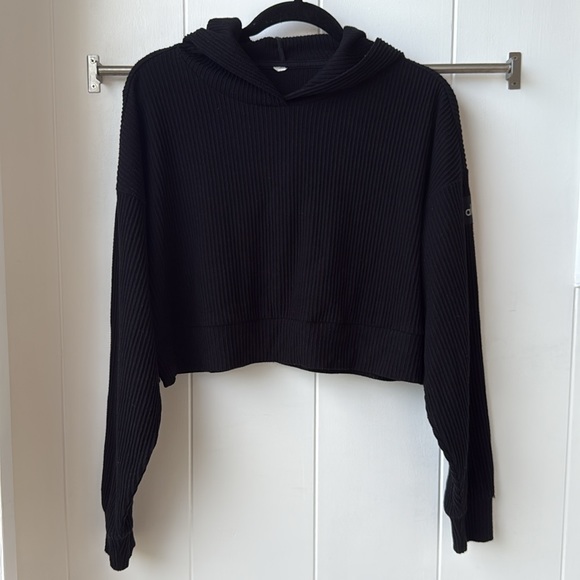 ALO Yoga Muse Cropped Ribbed Hoodie Sweatshirt Black XS - Picture 2 of 7